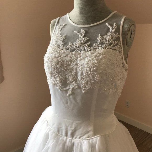 Alfred Angelo Sleeveless Mesh Satin Beaded Bodice Bridal Gown Tulle Skirt Train - Picture 8 of 11
